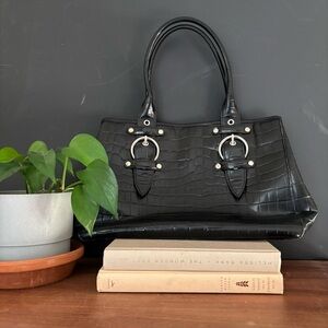 Vintage Black Crocodile-Embossed Handbag